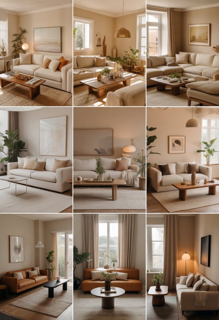 A group of ten living rooms with beige furniture, soft lighting, plants, and cozy decor arranged to create warm and inviting spaces.