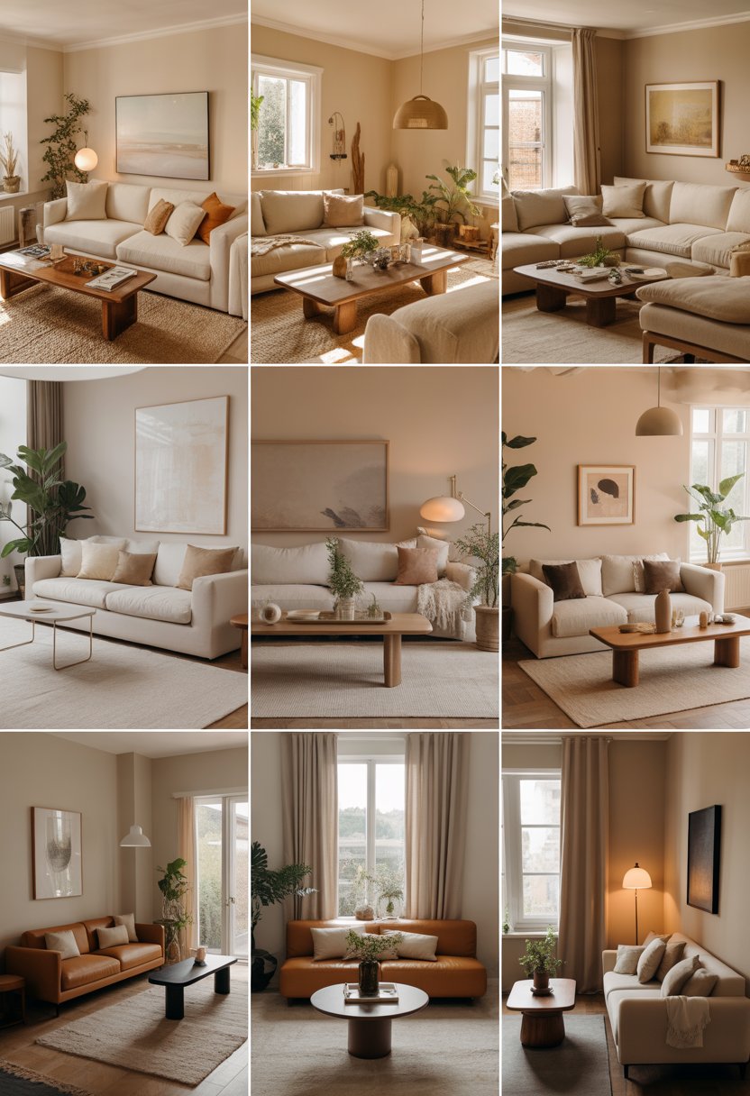 A group of ten living rooms with beige furniture, soft lighting, plants, and cozy decor arranged to create warm and inviting spaces.