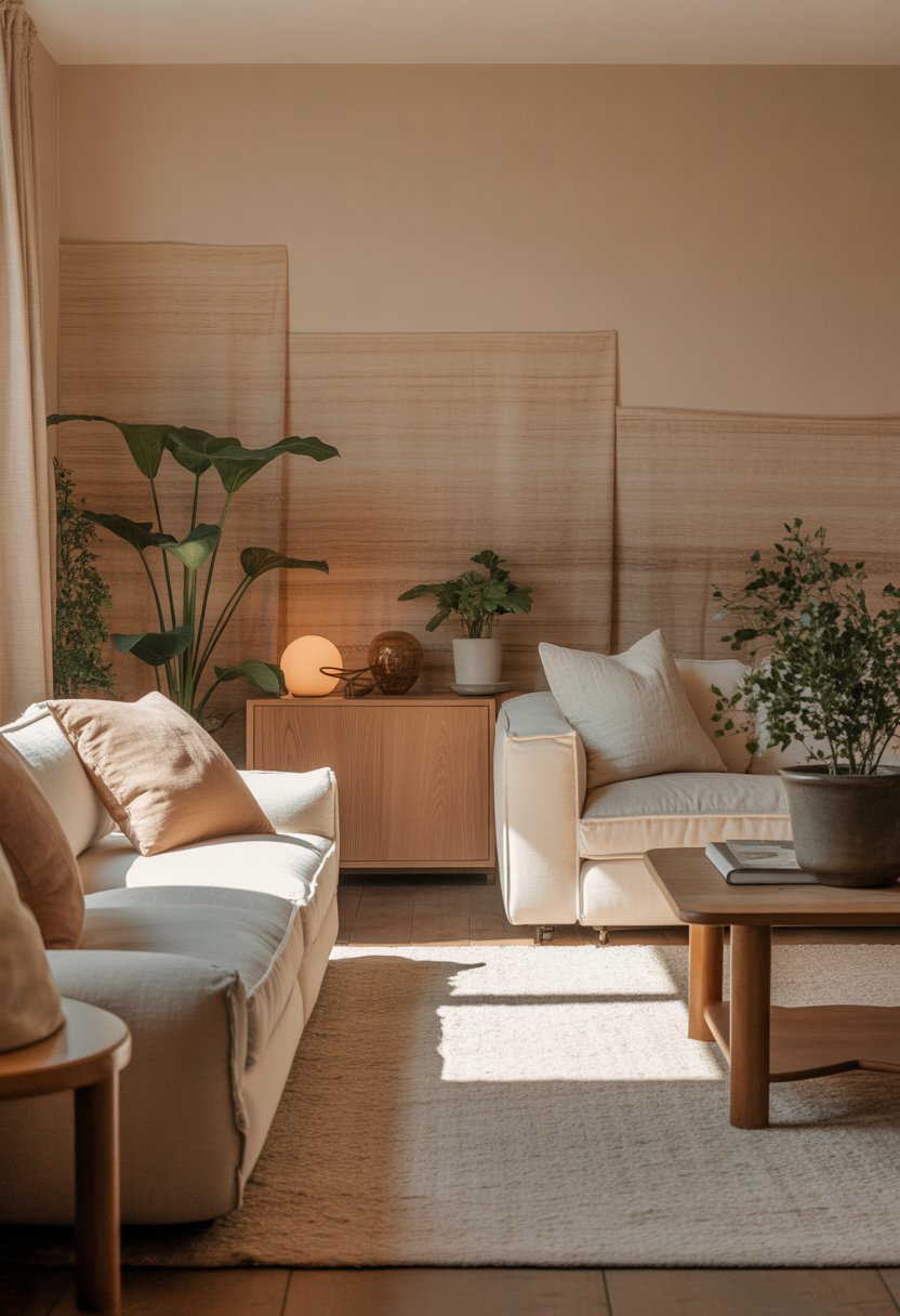 A cozy living room with beige textured wallpaper, comfortable seating, and warm natural lighting.
