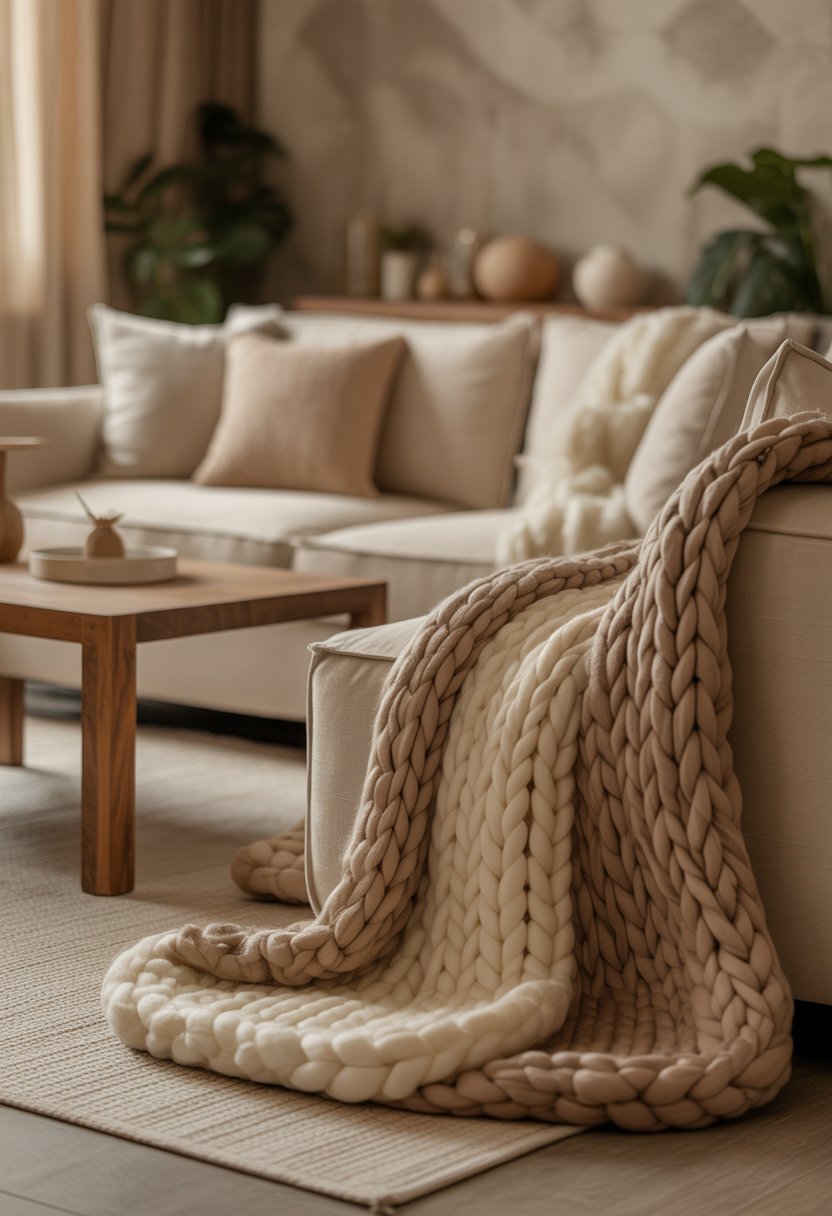 A cozy living room with a beige sofa draped with cream and tan chunky knit throws, a wooden coffee table, and green plants.