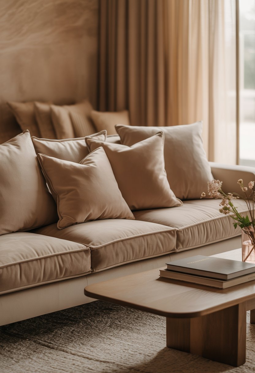 A cozy living room with beige velvet cushions on a sofa, a wooden coffee table, and natural light coming through a window.