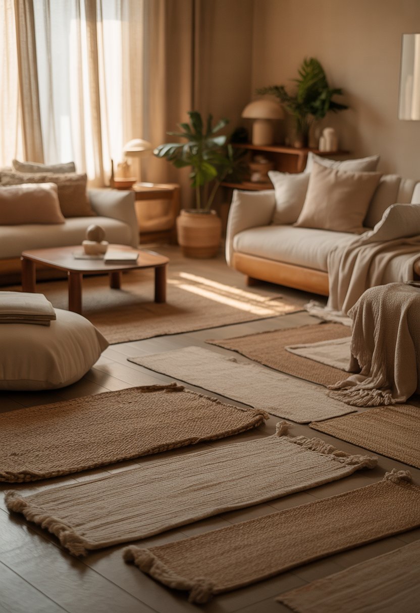 A cozy living room with layered jute rugs and fabrics on the floor, soft natural light, comfortable seating, and neutral-toned decor.