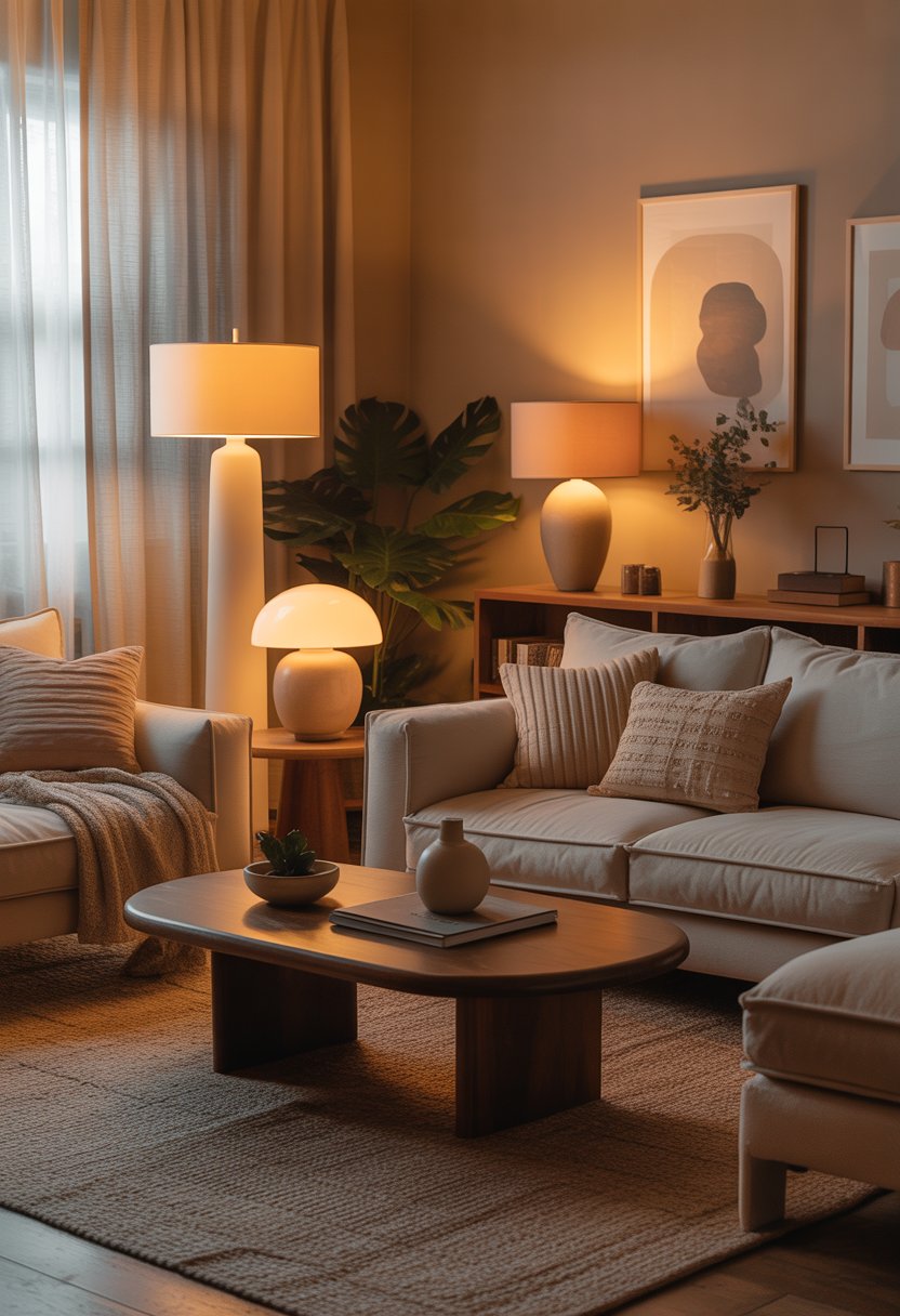 A cozy living room with beige furniture, warm lighting from lamps, and soft natural light filtering through curtains.