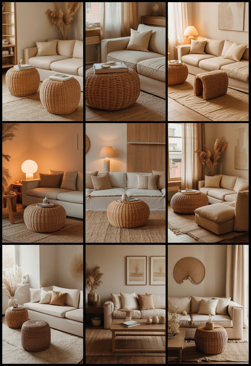 A collage of ten beige living rooms, each with woven ottomans and comfortable seating arranged in warm, inviting spaces.