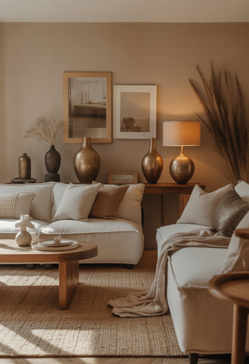 A warm and inviting beige living room with comfortable seating and metallic bronze and brass accents.