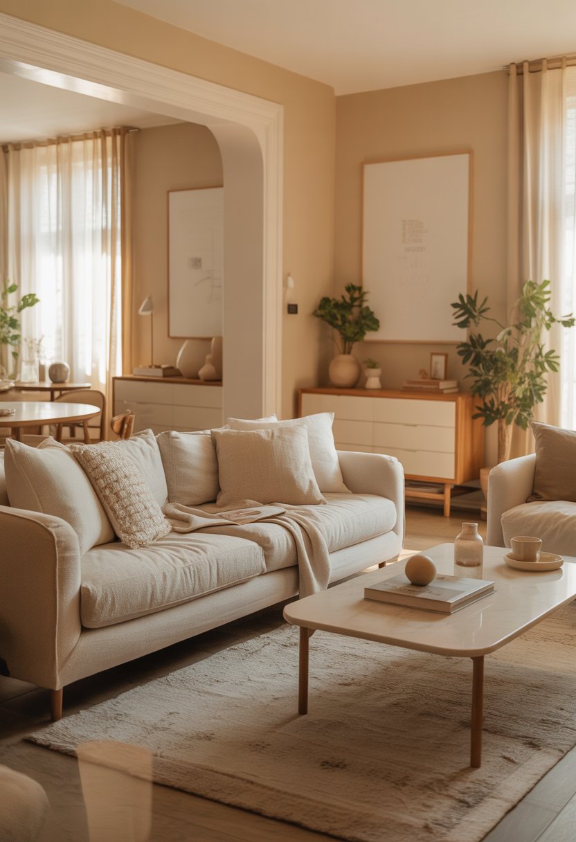 A cozy living room with a beige sofa, white trim, wooden furniture, plants, and soft natural lighting.