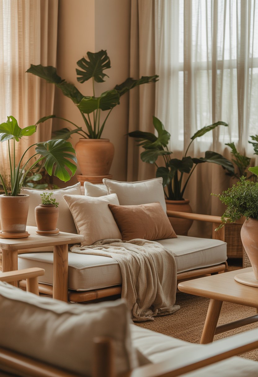 A cozy living room with beige tones, comfortable seating, wooden furniture, and green plants in terracotta pots.