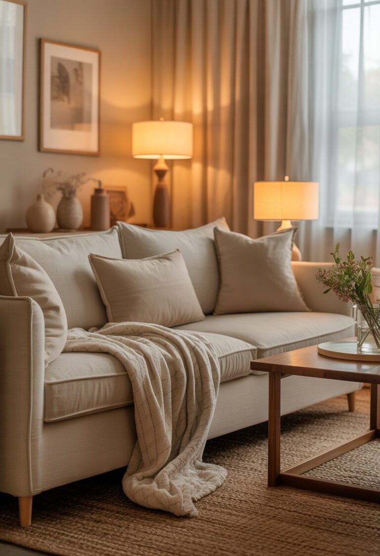 A cozy living room with a beige sofa, wooden coffee table, soft lighting, and decorative elements creating a warm and inviting atmosphere.