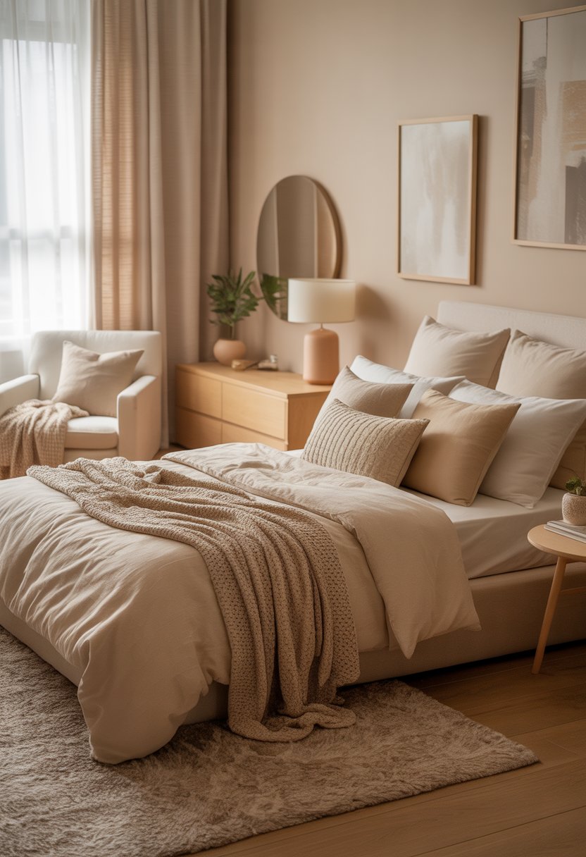 A bedroom with a neatly made bed, beige linens, wooden furniture, a window with sheer curtains, and a cozy armchair.