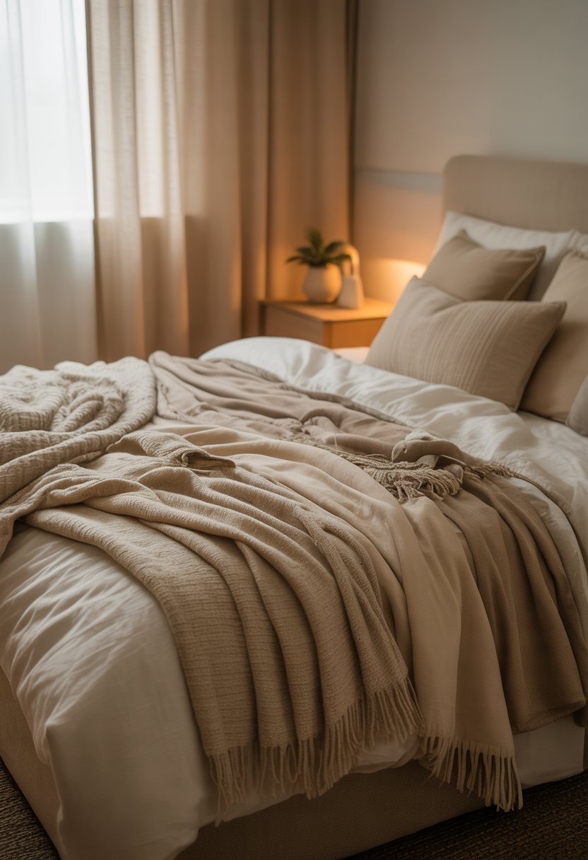 A bedroom with a bed covered in layered beige blankets and pillows, softly lit by natural light through sheer curtains, with a wooden nightstand and a small plant nearby.