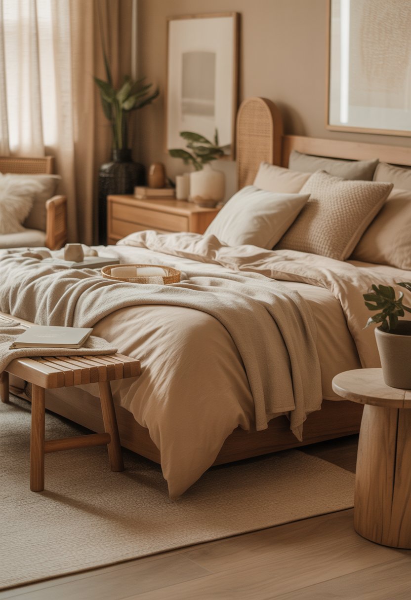 A beige bedroom with a bed, wooden furniture, soft lighting, and plants.