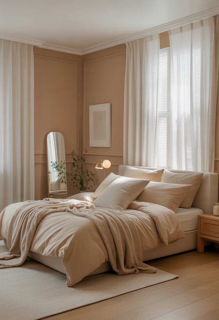 A bedroom with beige walls and white trim, featuring a wooden bed with beige bedding, a bedside table with a lamp, and natural light coming through white curtains.
