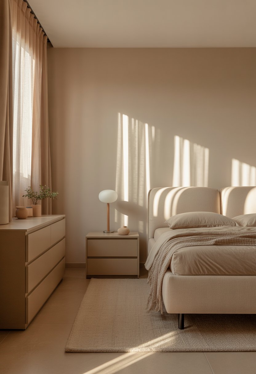 A bedroom with beige furniture including a bed, bedside table, and dresser, softly lit by natural light through sheer curtains.