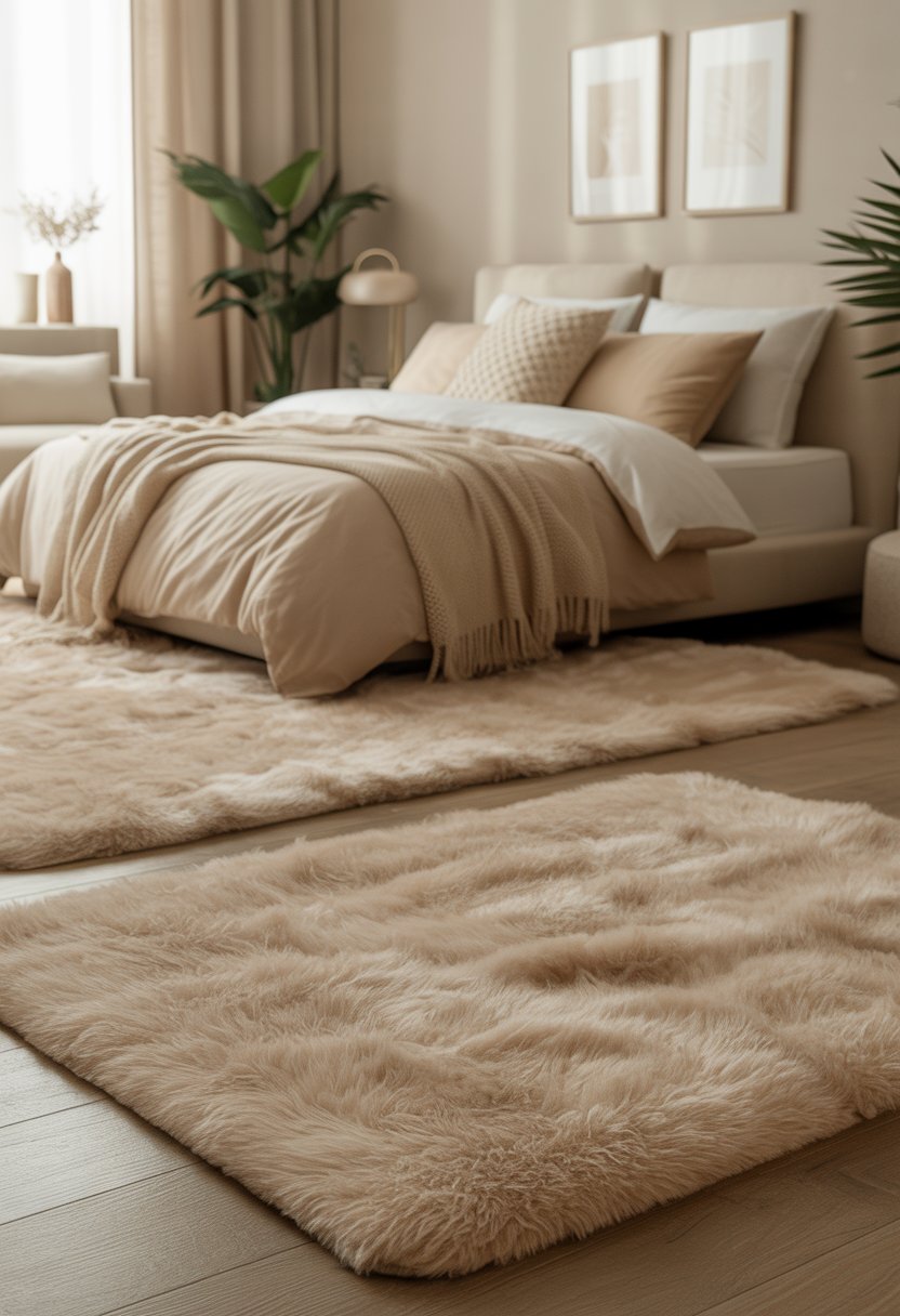 A bedroom with plush beige area rugs, a neatly made bed with beige linens, and soft natural lighting.