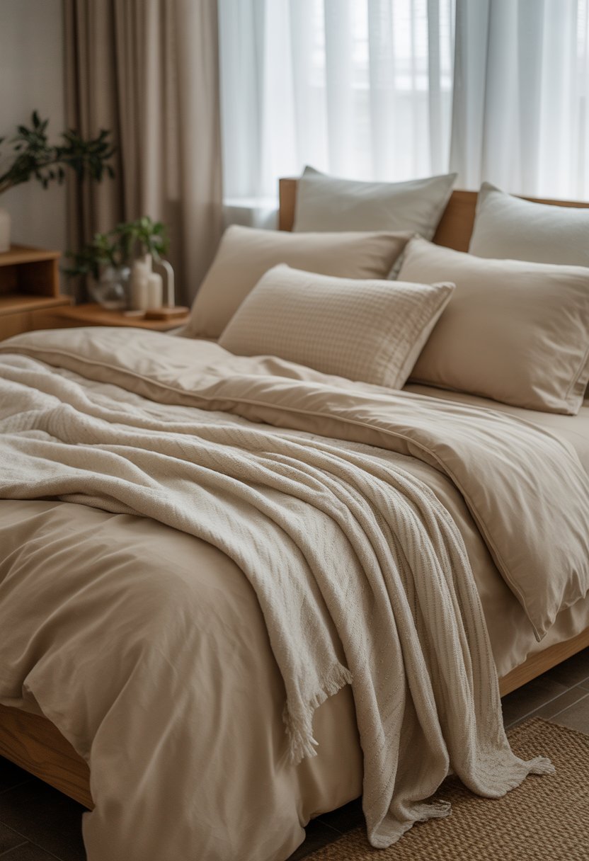 A neatly made bed with beige bedding and textured throws in a bright bedroom with natural light and simple decor.