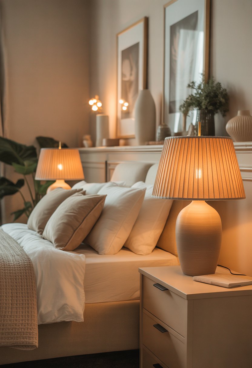 A bedroom with a neatly made bed, beige lampshades emitting warm light, and decorative elements on bedside tables.