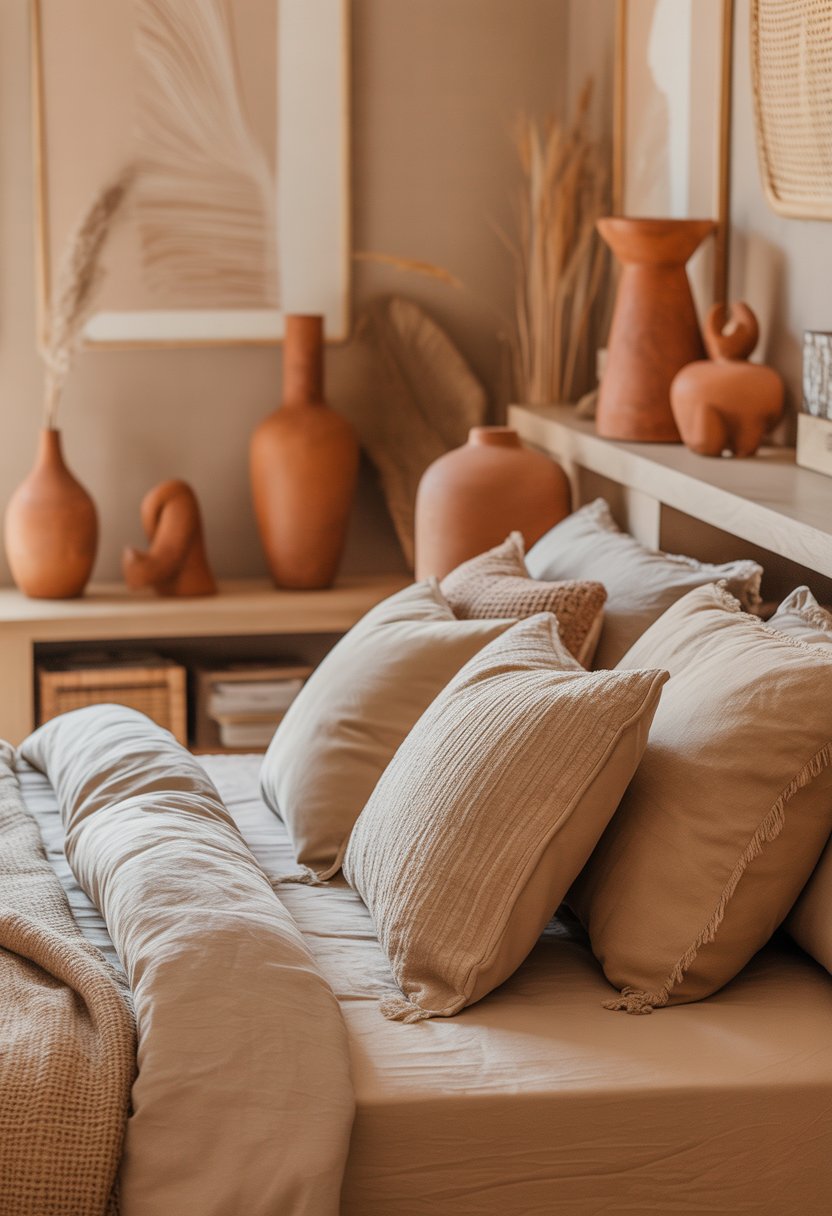 A cozy bedroom with beige bedding and various terra cotta decor pieces on shelves and tables, featuring warm natural lighting.