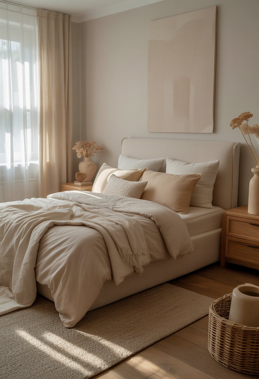 A cozy bedroom with a bed, beige bedding, wooden furniture, soft natural light, and neutral-colored decor.