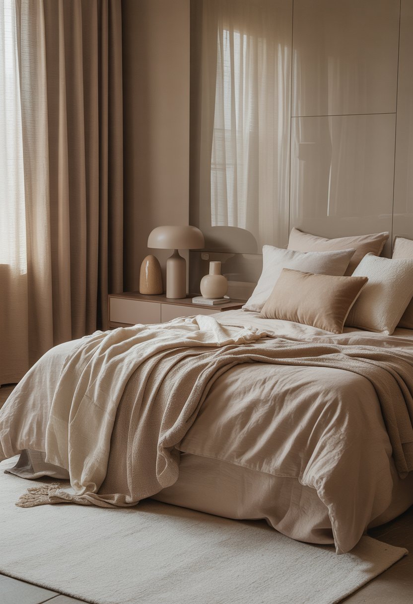 A cozy bedroom with beige walls, a neatly made bed, bedside table, and decorative accents in varying beige finishes.