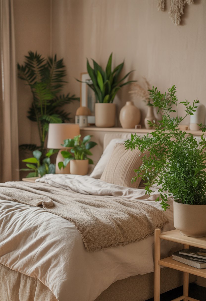 A bedroom with green plants in beige pots placed on bedside tables and shelves, featuring a neatly made bed and soft natural light.