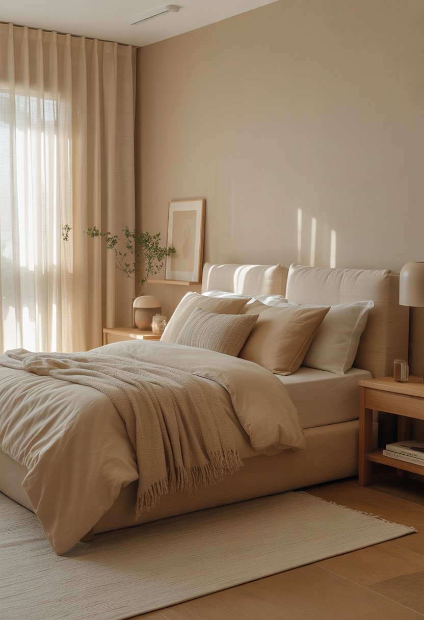 A cozy bedroom with beige walls, a neatly made bed, wooden furniture, and natural light coming through sheer curtains.