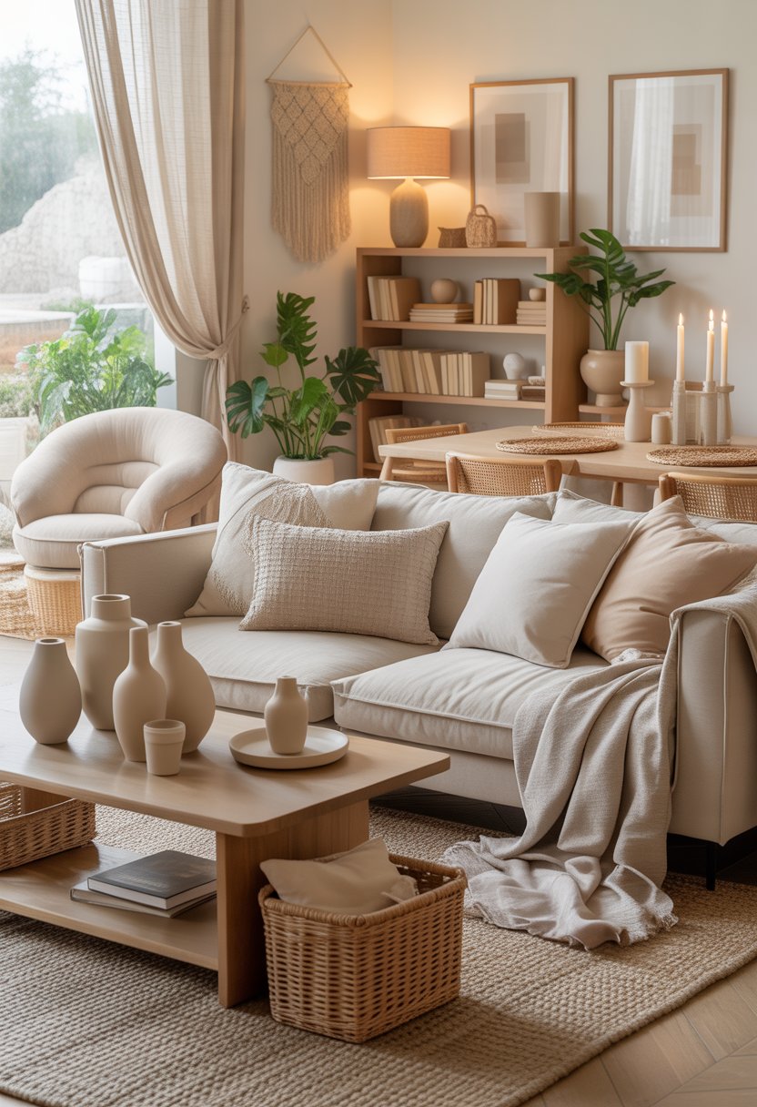 A well-lit living room with beige sofa, cushions, rug, vases, baskets, curtains, throw blanket, lamps, wall hanging, pillows, pottery planters, bookshelf, candles, armchair, placemats, and framed artwork.
