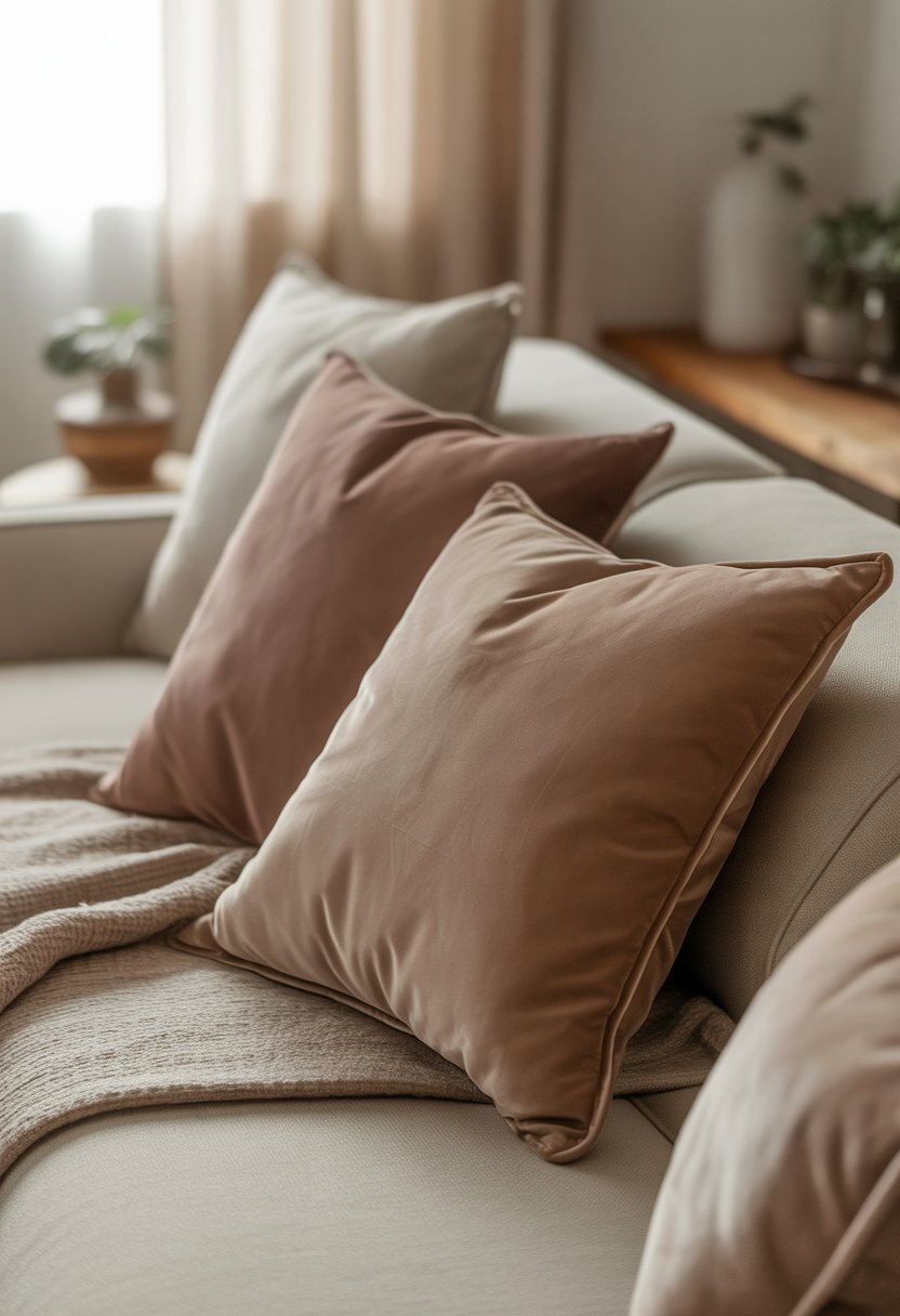 A sofa with velvet throw pillows in dusty beige tones, a wooden coffee table, a potted plant, and soft natural light in a living room.