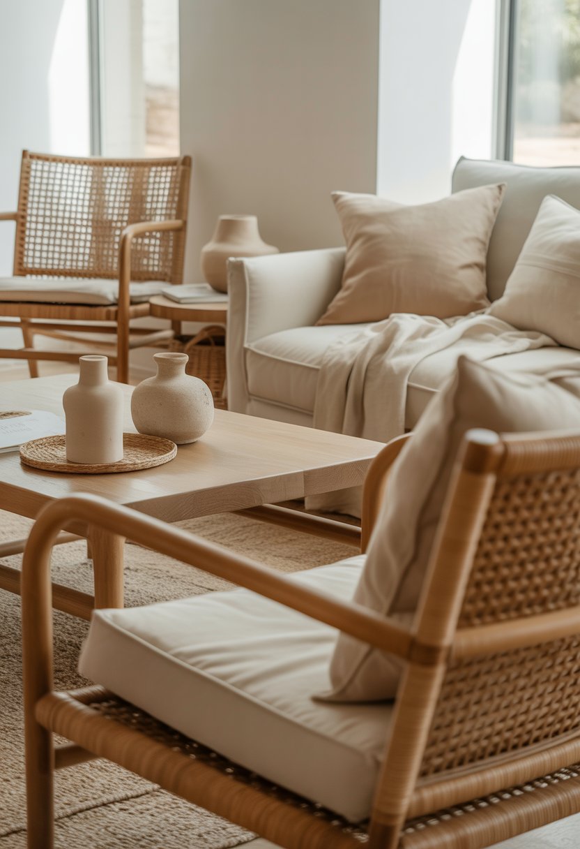 Living room with woven rattan chairs, a wooden coffee table, and beige home decor items in natural light.