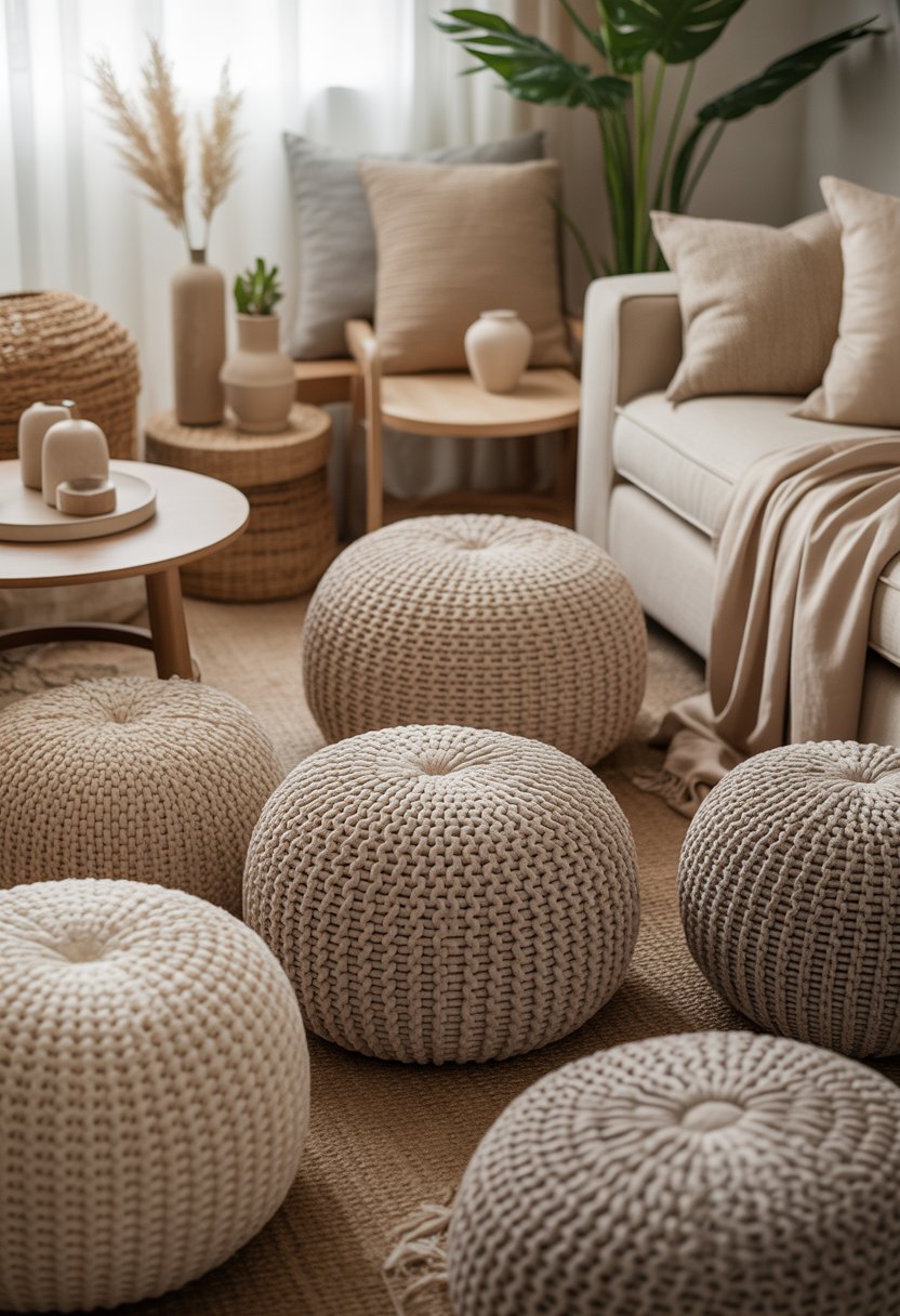 A cozy living space with several beige knitted poufs surrounded by home decor items like cushions, plants, and wooden accents.