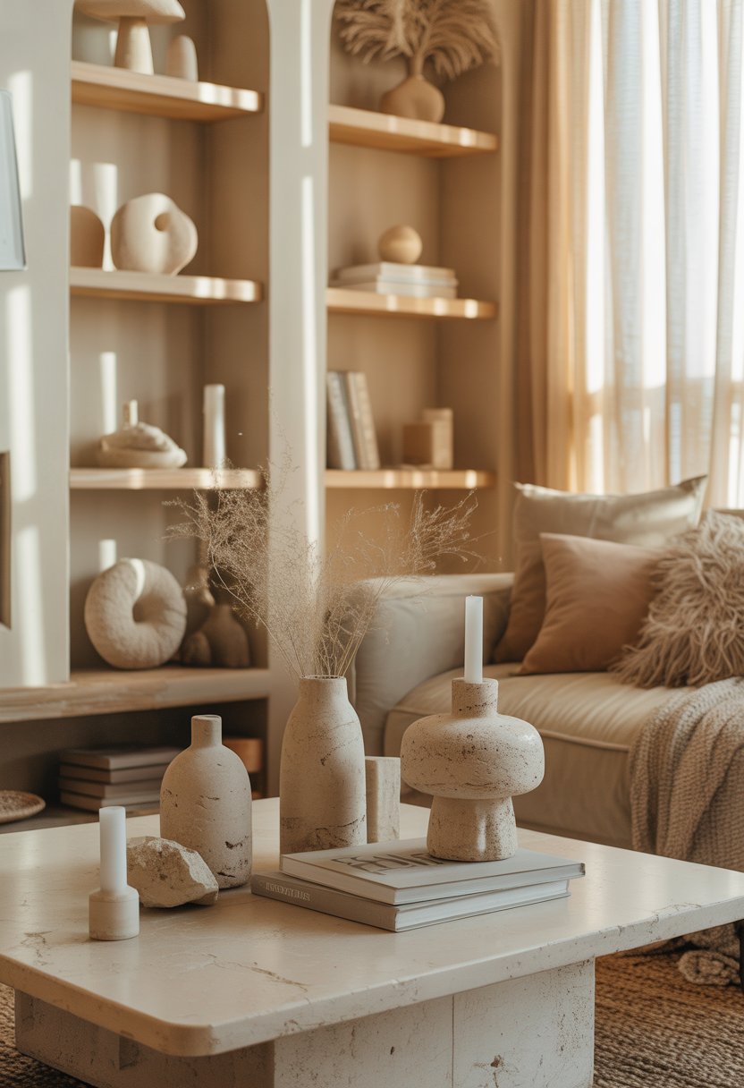 A cozy living area with limestone decor pieces, beige cushions, and natural light creating a warm and inviting atmosphere.