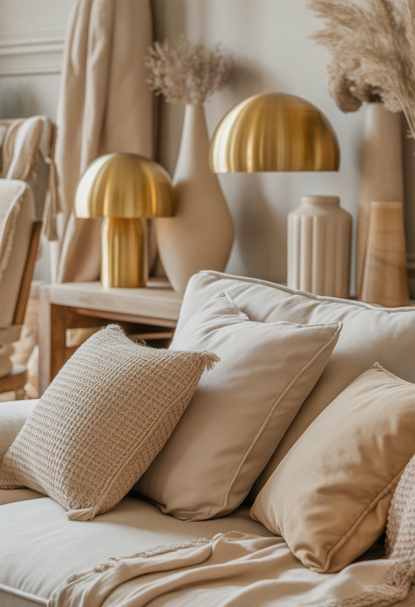 A cozy interior space with gold-tone light fixtures and beige home decor items arranged on furniture and shelves.