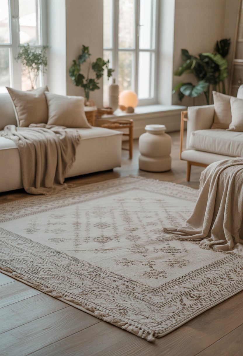 A living room with patterned beige and white rugs on the floor, light wood furniture, soft pillows, blankets, plants, and natural sunlight coming through windows.