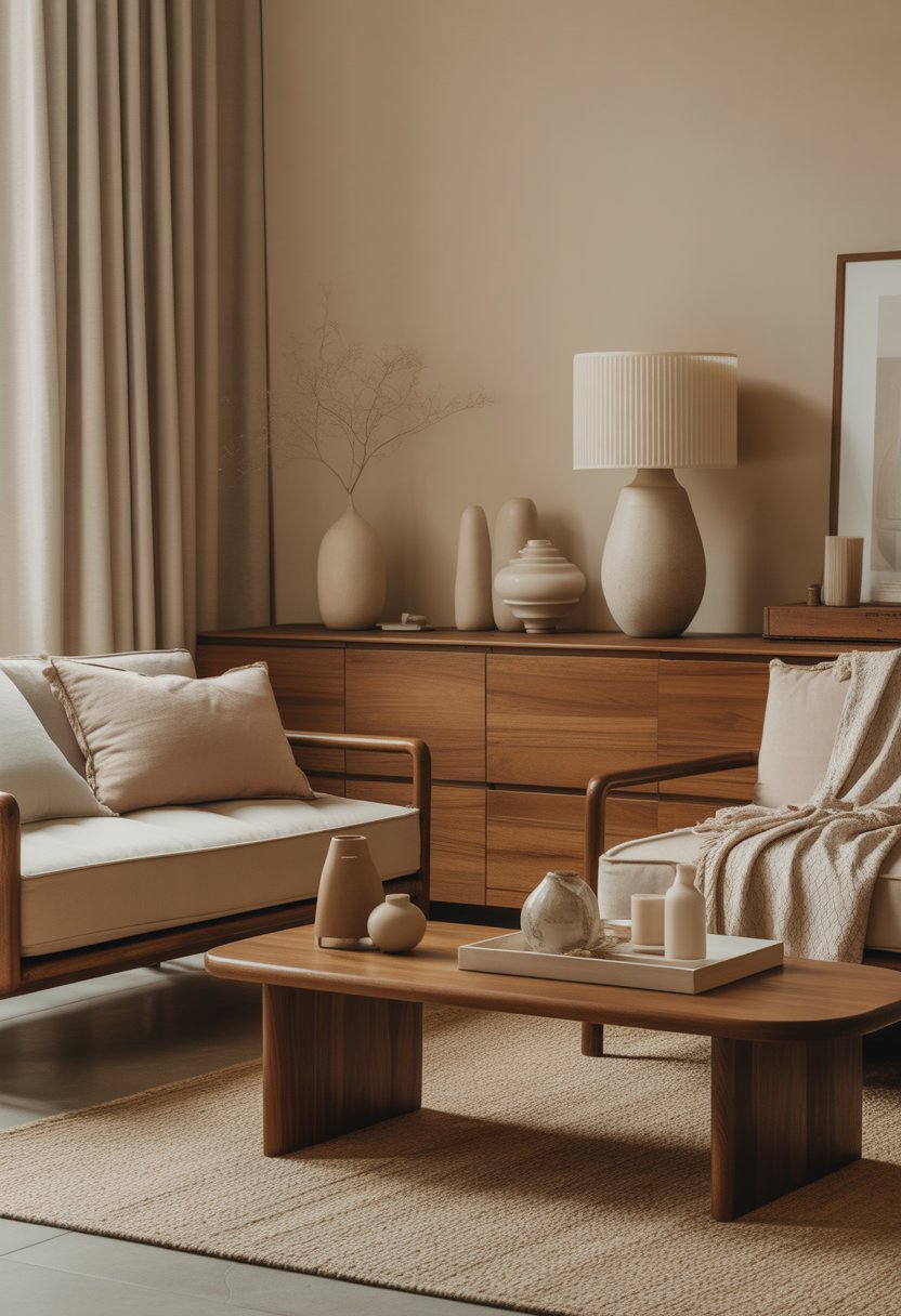A cozy room with warm wood furniture and beige home decor items arranged neatly.