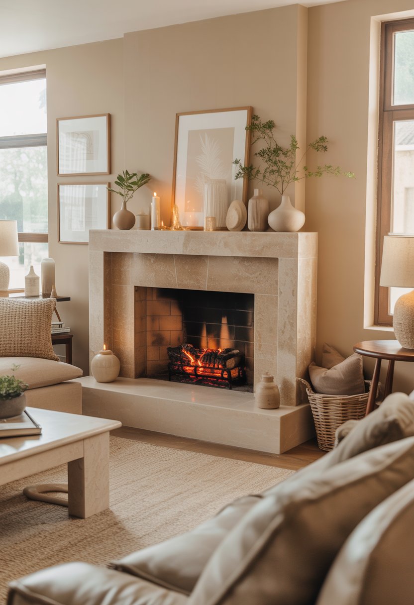 A living room with a beige stone fireplace, beige sofa, armchairs, and decorative items arranged around the fireplace.