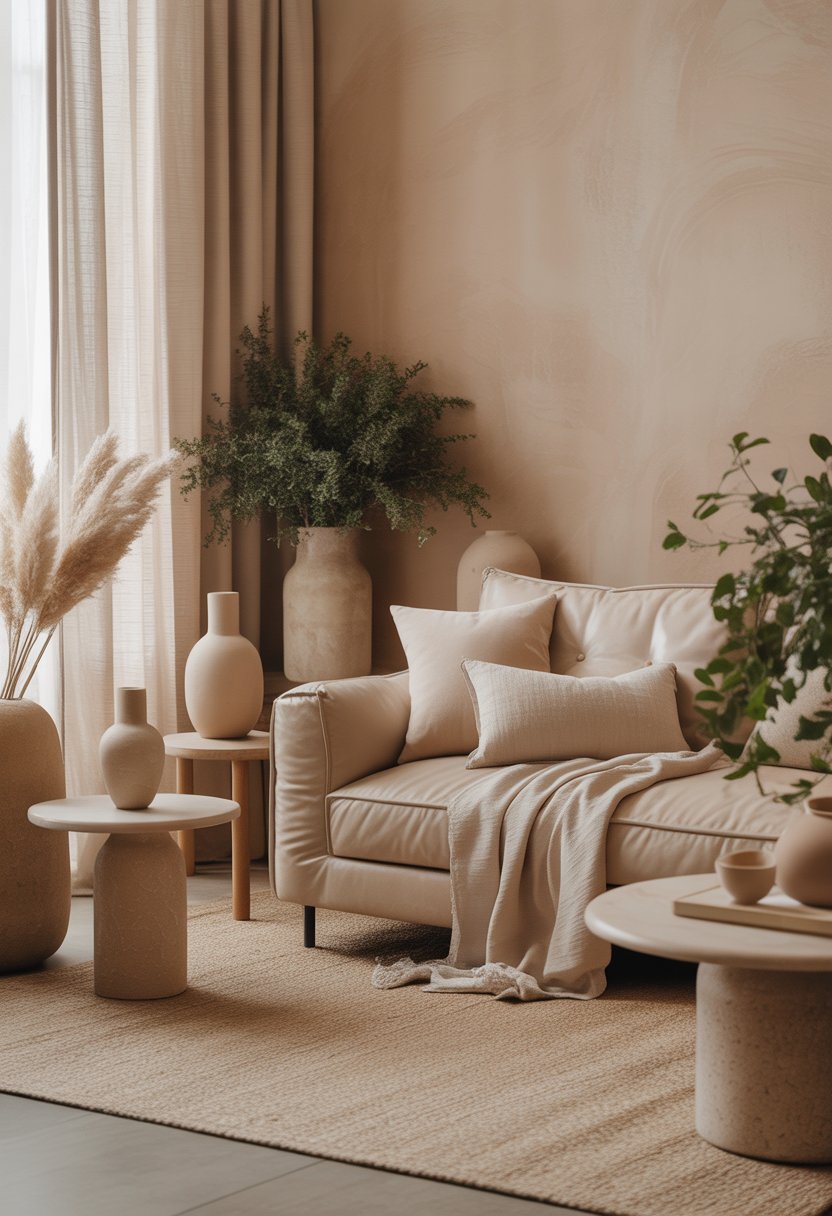 A cozy room with soft beige matte walls, natural wood furniture, beige cushions, textured throws, ceramic vases, and potted plants illuminated by natural light.