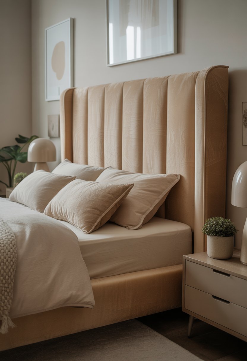 A cozy bedroom with beige velvet upholstered headboards, soft bedding, and neutral decor creating a warm and inviting atmosphere.
