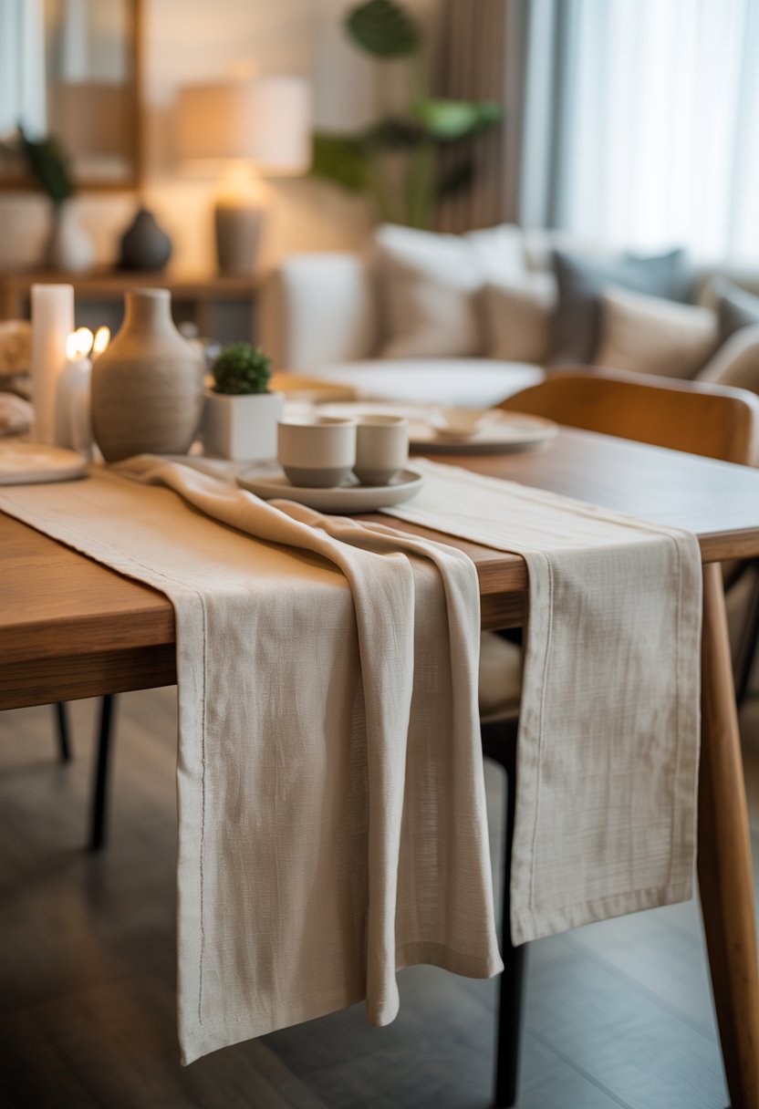 A wooden dining table with beige linen table runners, decorated with ceramic vases, small plants, and tableware in a softly lit room.