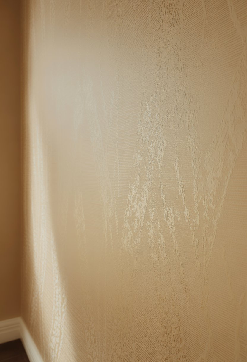 Close-up of a beige textured wallpaper with subtle patterned designs on a wall.