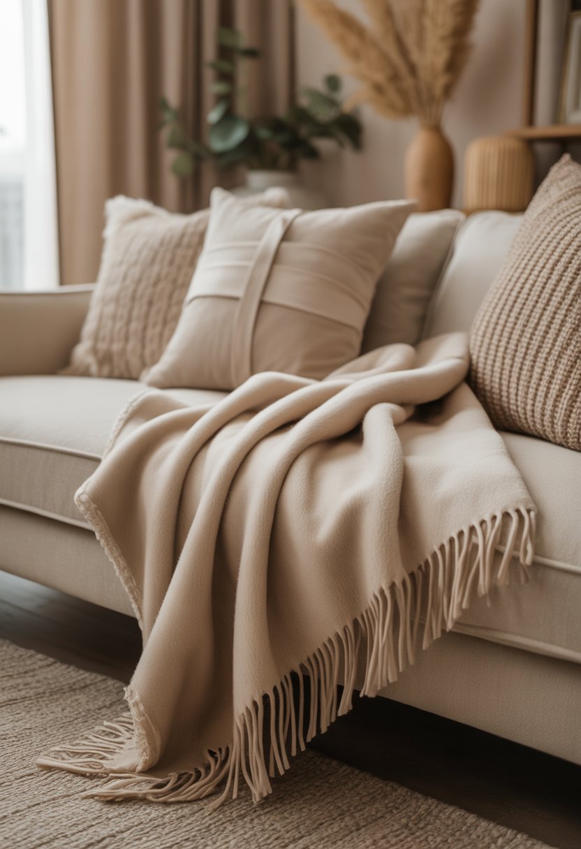 A living room with beige throws featuring fringe details draped over a sofa surrounded by neutral decor and plants.