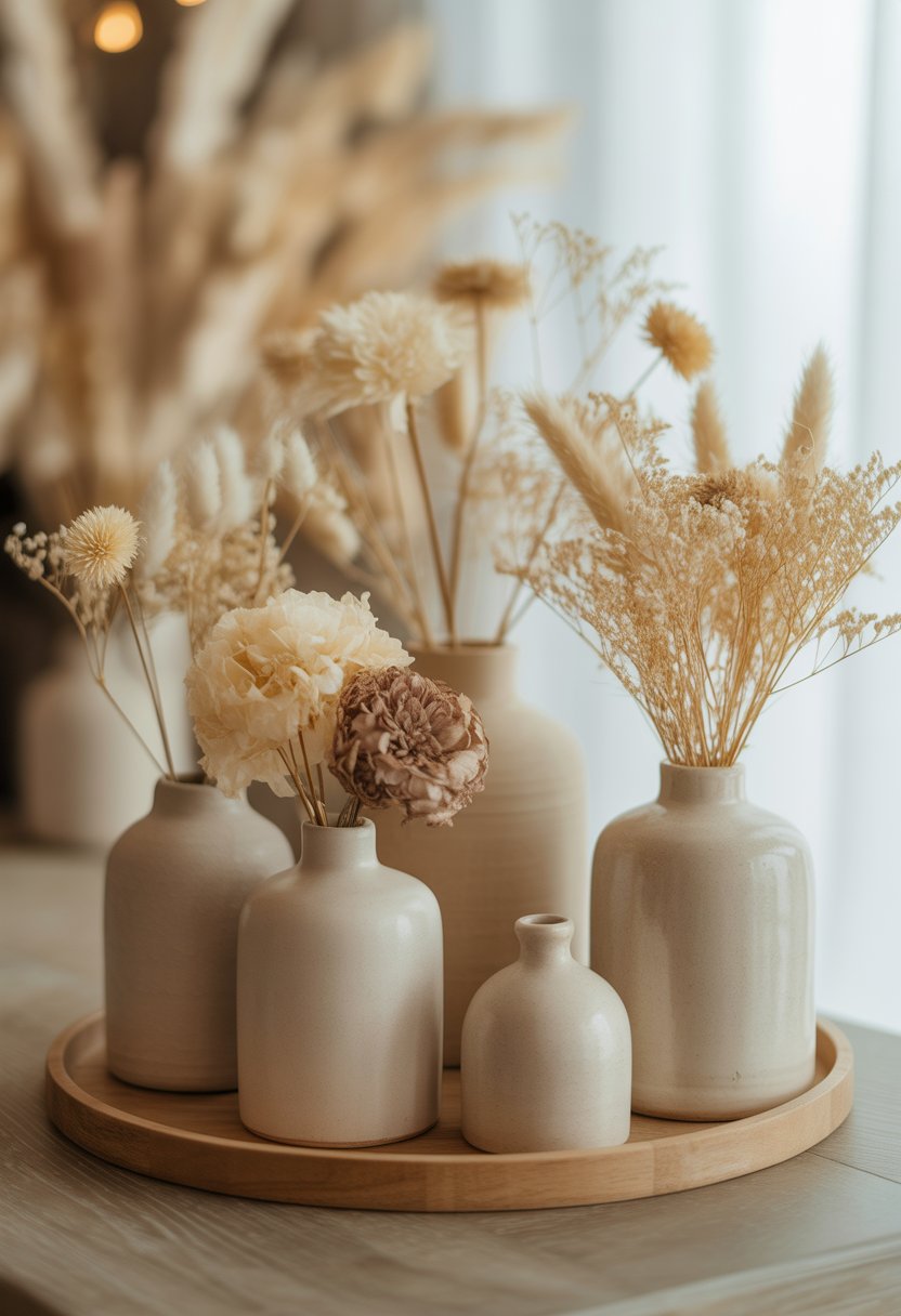 A group of beige ceramic vases holding dried flowers on a wooden surface.