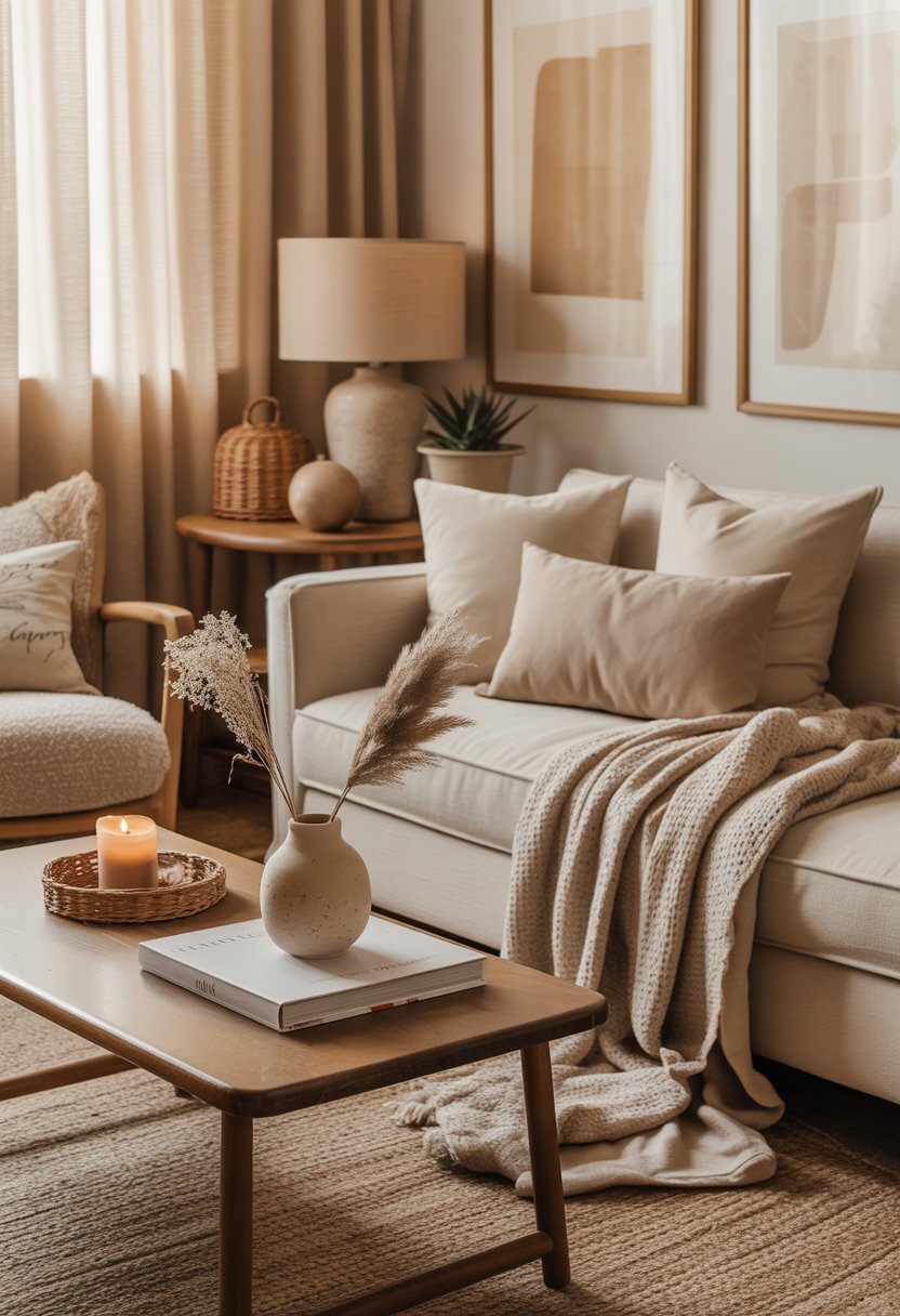 A living room with a beige sofa, throw pillows, a coffee table with a vase and books, beige curtains, a rug, framed art on the walls, and various decorative items creating a warm and inviting atmosphere.