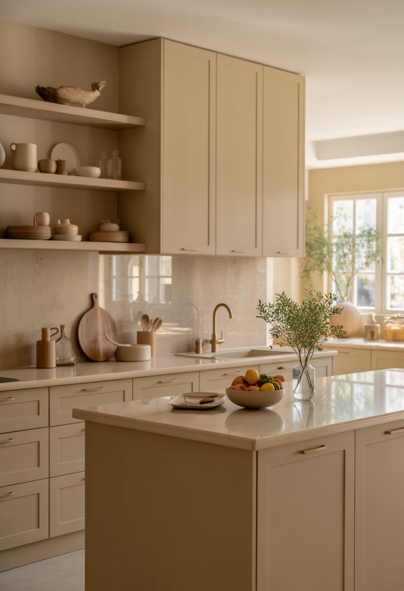 A modern kitchen with beige cabinets, a marble countertop, wooden shelves with dishes, and natural light coming through large windows.