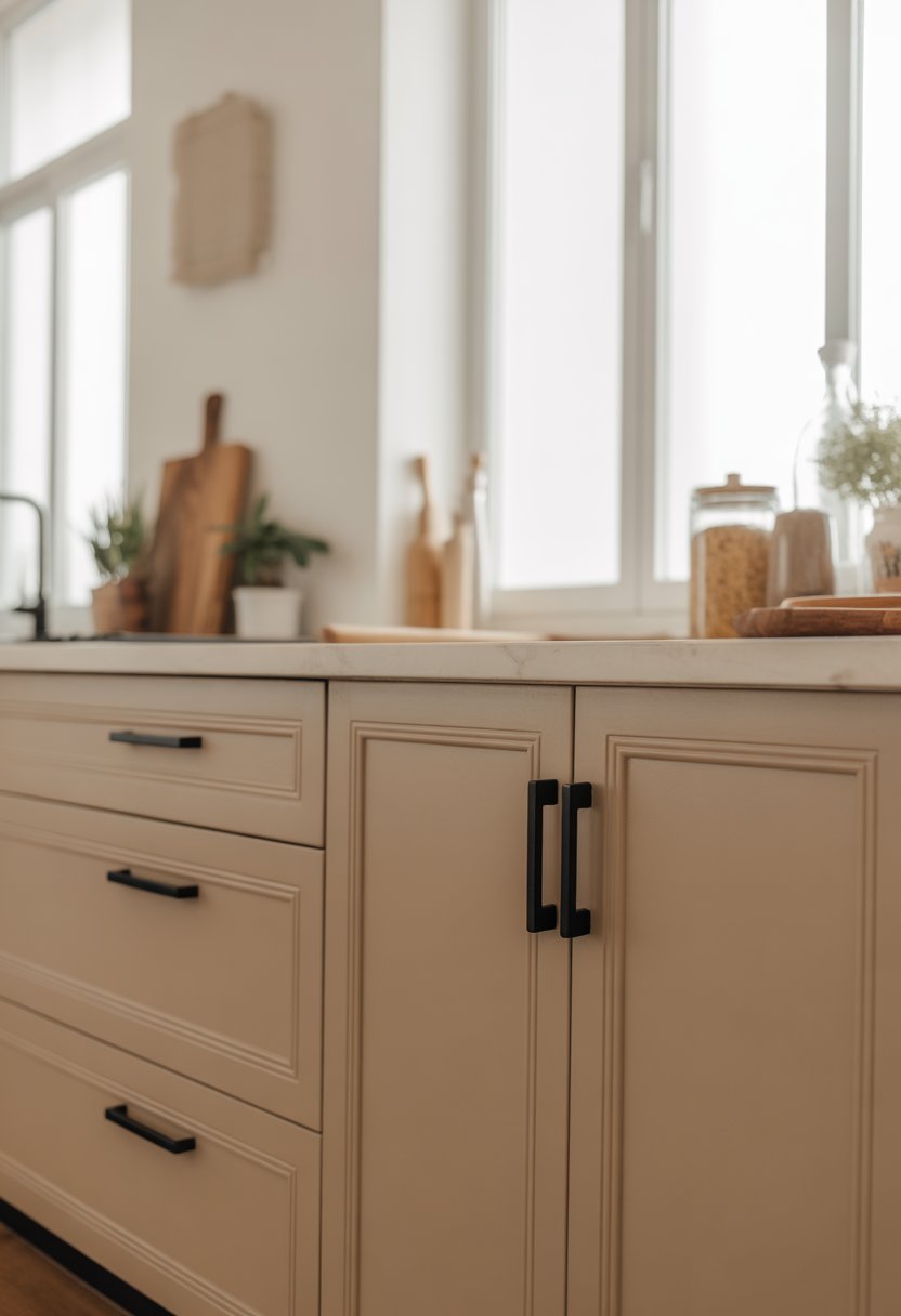 A bright kitchen with beige cabinets and black handles, featuring a light countertop and kitchen accessories.