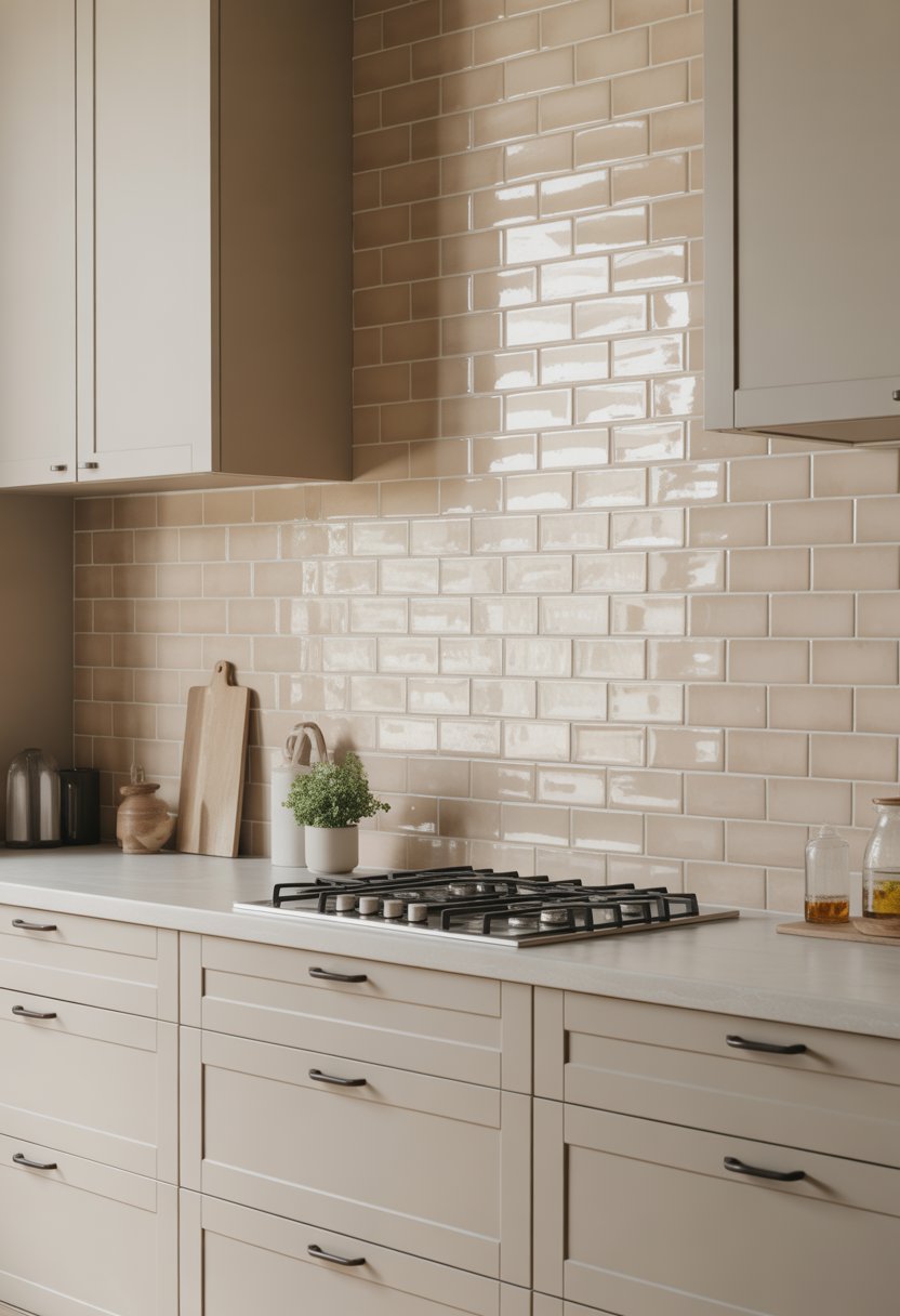 A bright kitchen with beige subway tile backsplash, cabinetry, and countertop with kitchenware.