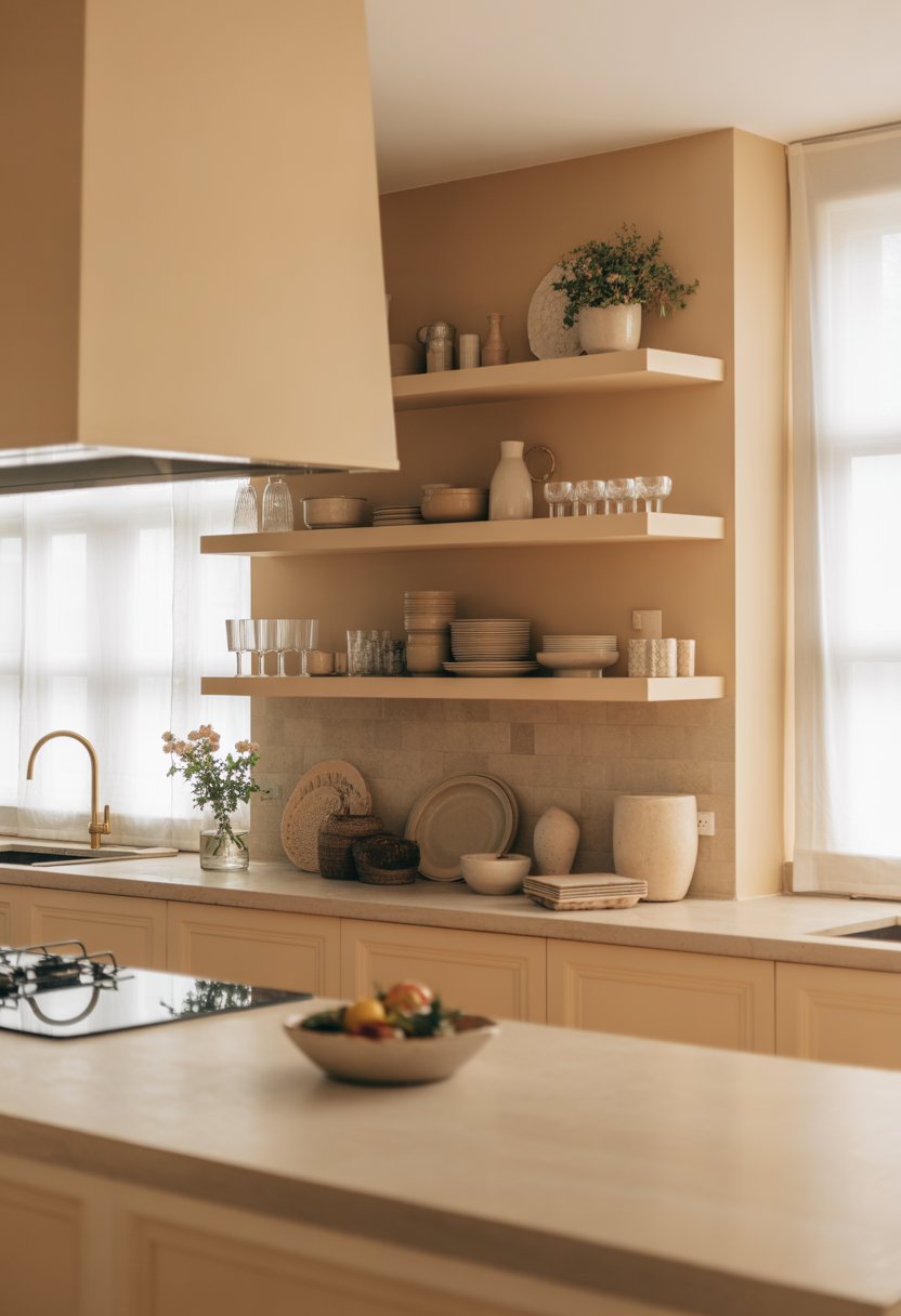 A bright kitchen with open wooden shelves holding dishes and plants, beige cabinets, and a clean countertop with a vase of flowers and a bowl of fruit.