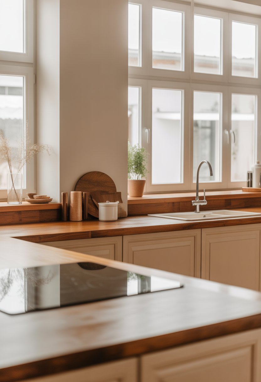 A bright kitchen with warm wooden countertops and beige cabinets, featuring a clean and inviting interior.