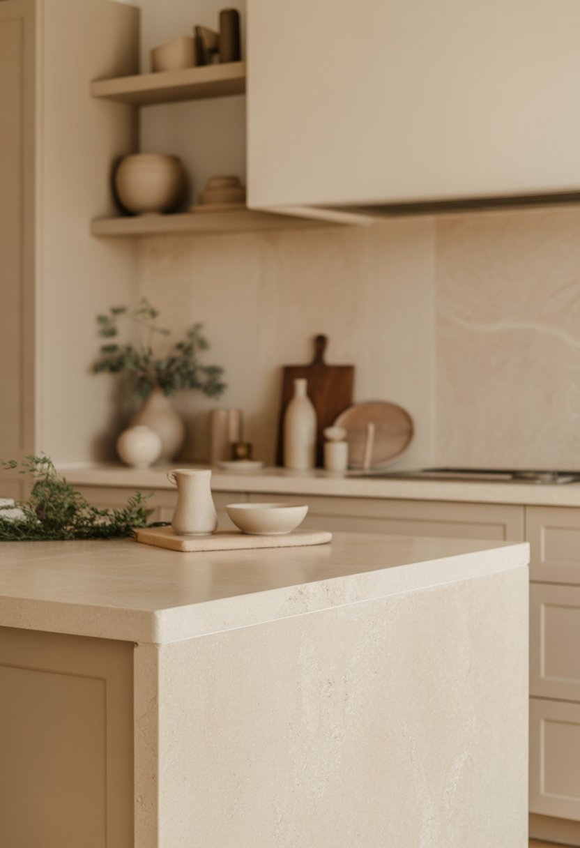 A bright kitchen with cream stone surfaces, beige cabinets, a kitchen island, and simple decorative items.