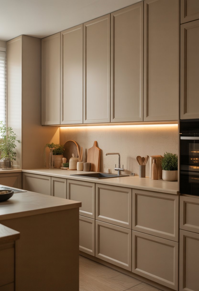 A modern kitchen with beige cabinets and soft LED lighting under the cabinets illuminating the countertop.
