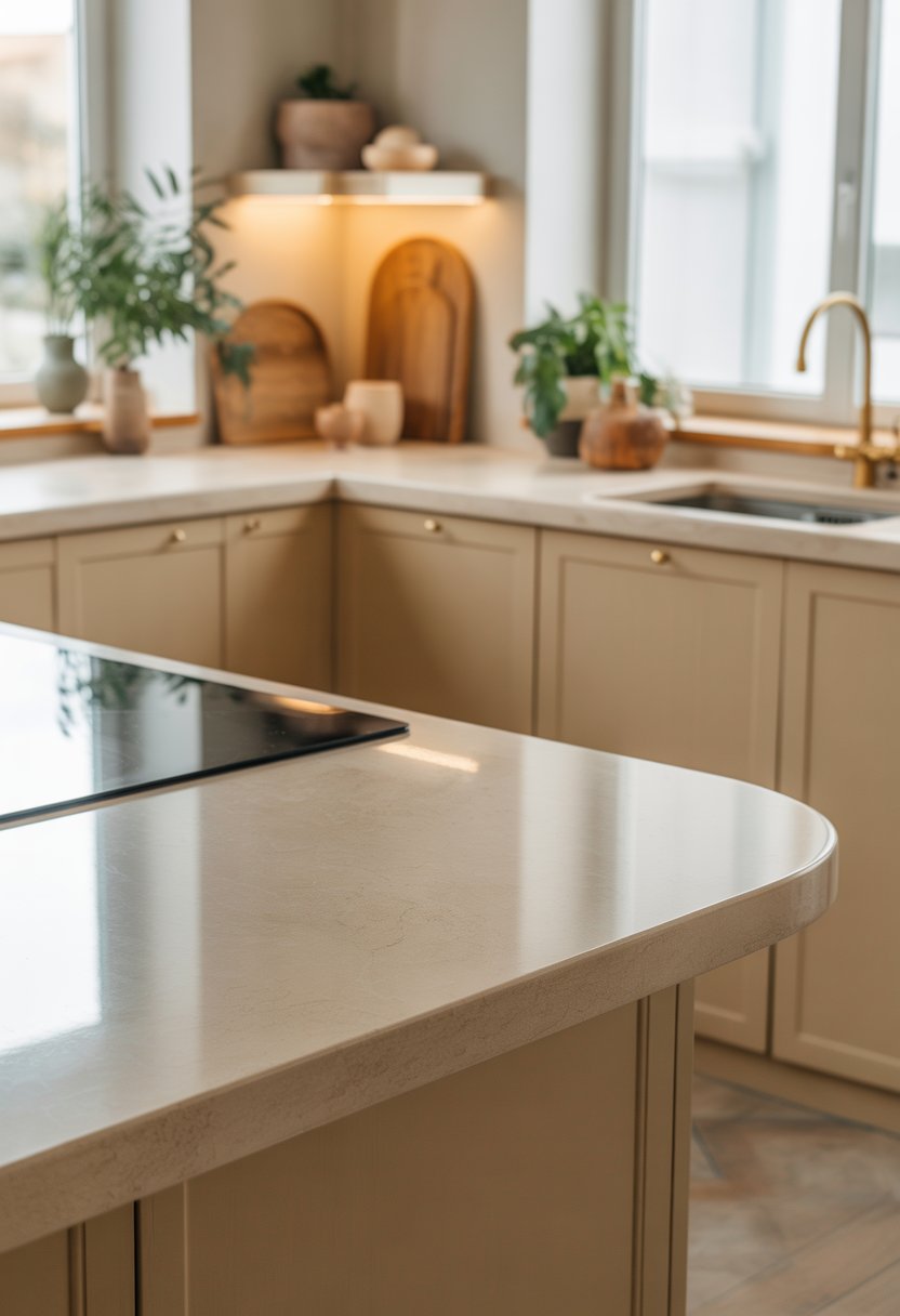 A modern kitchen with beige cabinets and curved countertops illuminated by natural light.