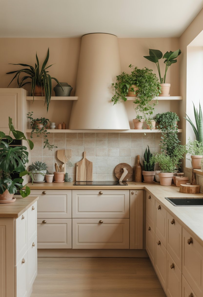 A bright kitchen with beige cabinets and countertops, decorated with green plants on shelves and counters.
